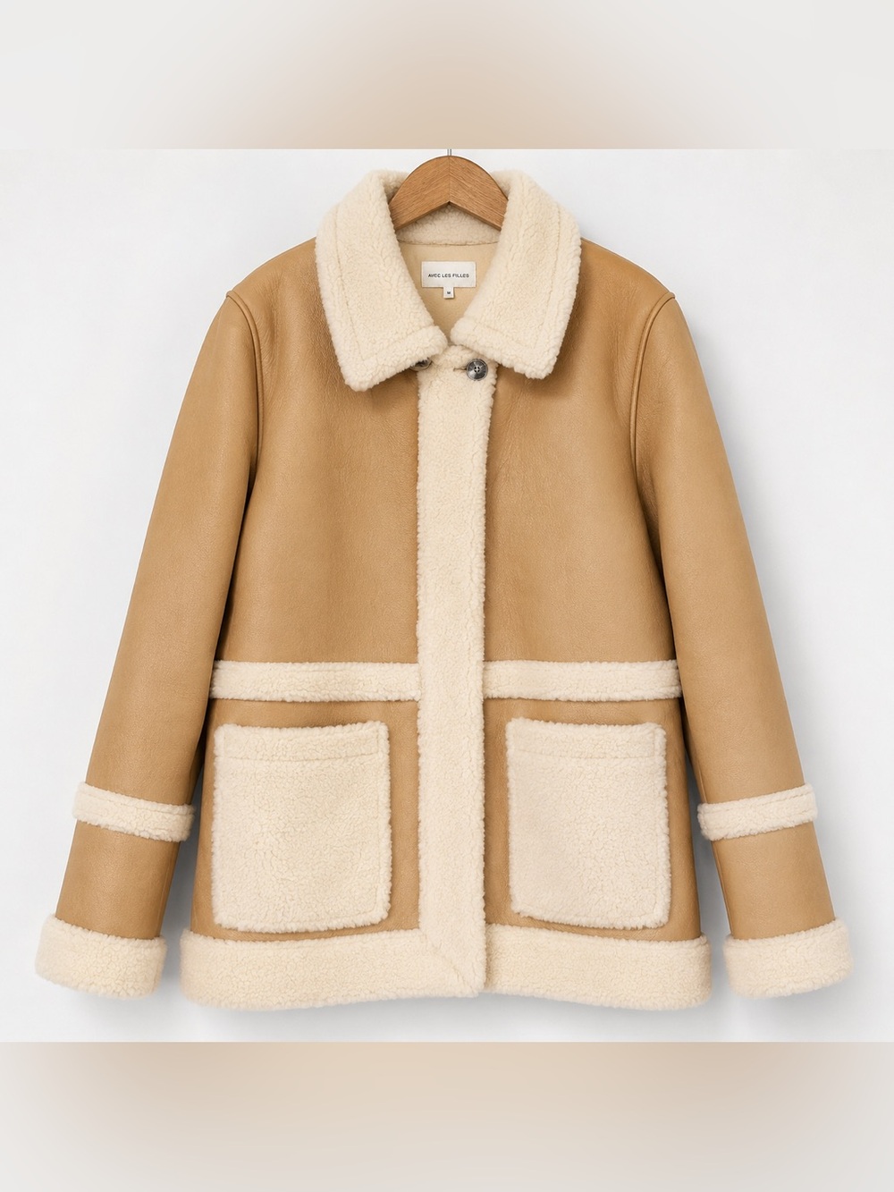 Avec Les Filles Faux Shearling Jacket M Tan Cream Faux Leather Teddy Coat
